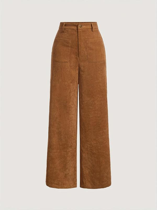 Women's Plain Pocket Button Corduroy Pants, Casual High Waist Wide Leg Trousers for Women, Ladies Bottoms for Daily Wear