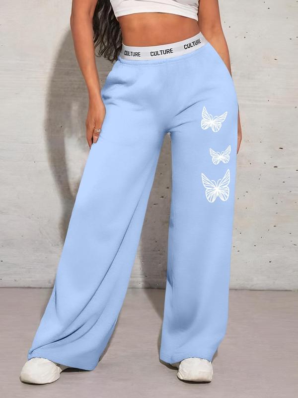 Women's Butterfly Print Letter Tape Waist Sweatpants, Y2K Casual High Rise Pocket Wide Leg Trousers for Daily Wear, Ladies Bottoms for All Seasons