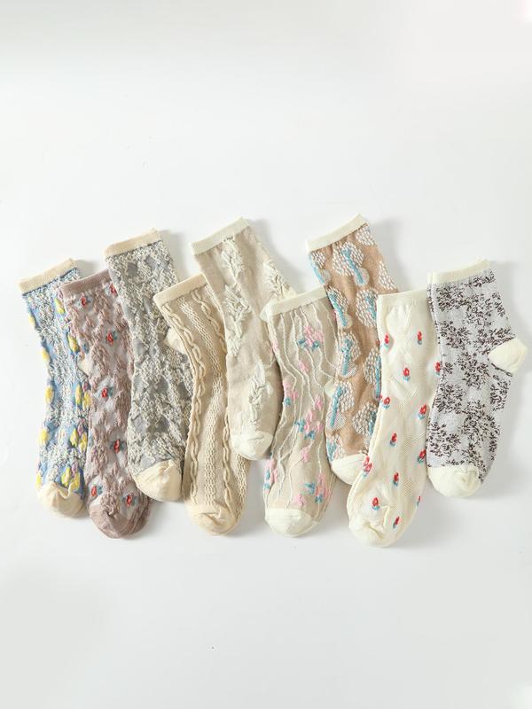 Women's 9 Pairs Ditsy Floral Print Crew Socks with 3d Textured Design, Casual Comfortable Breathable Socks for Daily Wear, Multipack Knit Socks for All Seasons