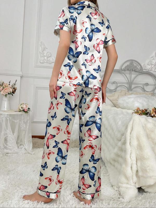 Two-Piece Set Women's Butterfly Print Notched Neck Pajama Set, Casual Comfy Short Sleeve Top & Pants PJ Set, Ladies Sleepwear for All Seasons