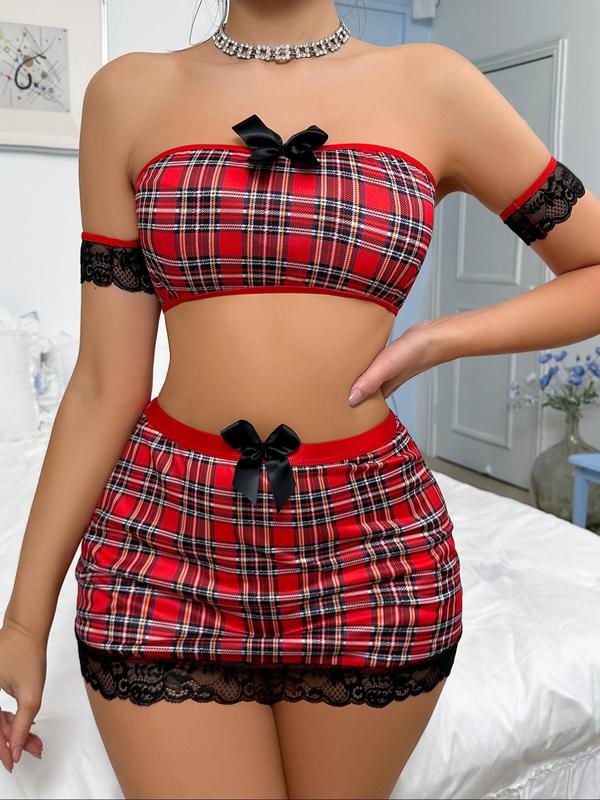 Women's Plaid Print Contrast Lace Sexy Lingerie Set, Bow Decor Backless Crop Tube Top & High Waist Mini Skirt & Scallop Trim Arm Sleeve Set, Women's Sexy Lingerie & Costumes