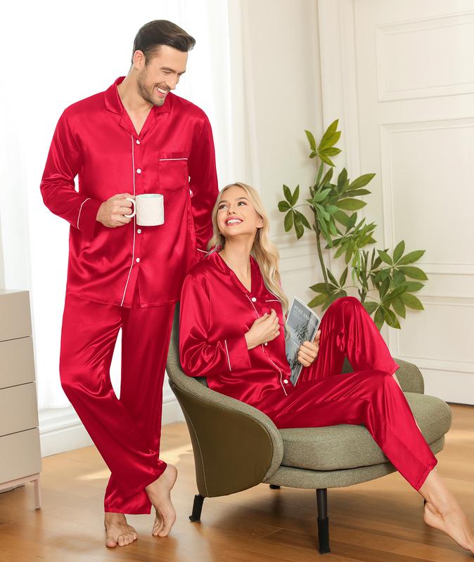 SWOMOG Matching Family Pajama Set Womens Mens Long Sleeve Sleepwear Satin Silk Loungewear for Couple Button Down Pjs Set Womenswear Clothing