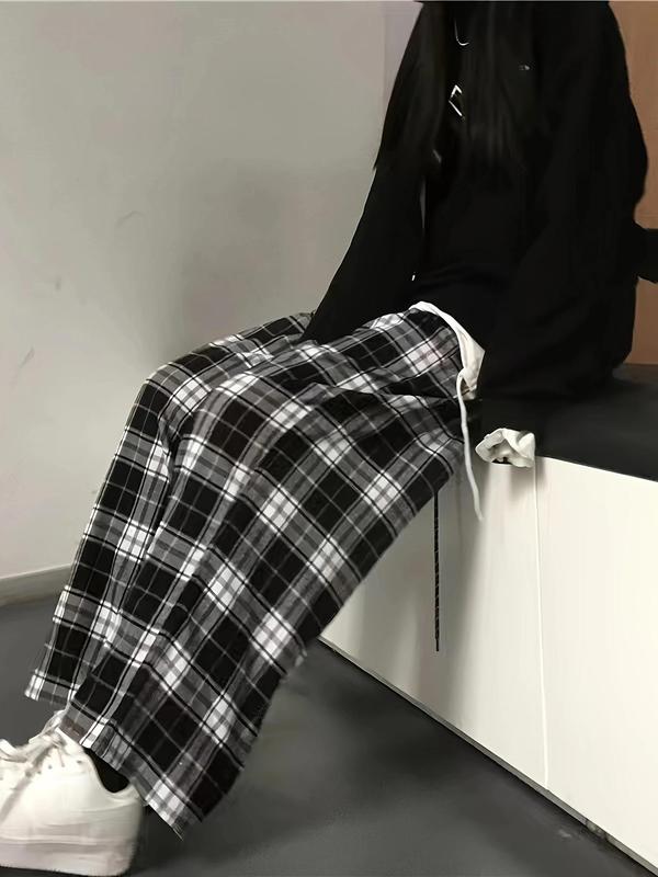 Women's Plaid Print Drawstring Waist Straight Leg Pants, Casual Comfy High Waist Trousers for Daily Wear, Womenswear Bottoms for Fall, Fall Outfits