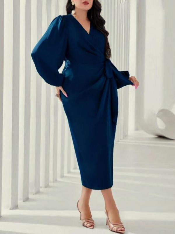 Plus Size Plain Belted Wrap V Neck Dress, Elegant Bishop Sleeve Knot Front Dress for Party Holiday Wedding Guest, Women's Clothes for Spring & Fall