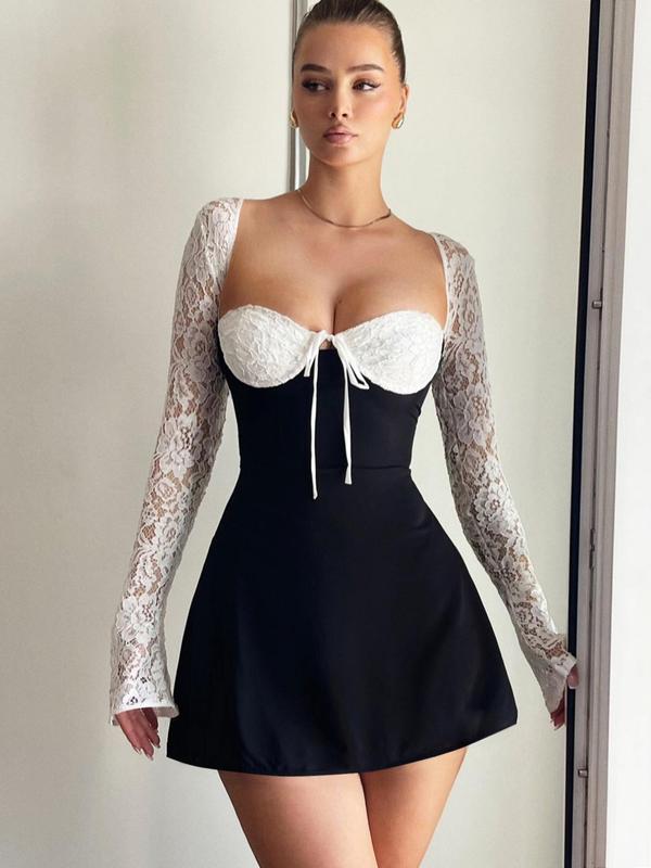 Contrast Lace Tie Backless A Line Dresses for Women, Dresses for Women, Homecoming Dresses, Birthday Dresses 2024, Elegant Sweetheart Neck Flounce Sleeve Vintage Dress, Birthday Dresses 2024, Ladies Spring & Fall Clothes for Party Club Dating