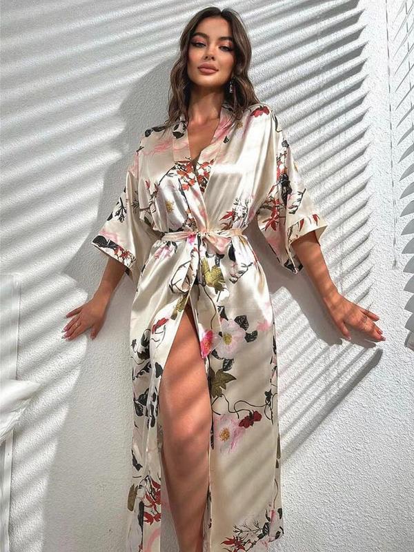 Women's Floral Print Belted Drop Shoulder Robe, Casual Comfy Half Sleeve Night Robe for Women, Ladies Sleepwear for All Seasons