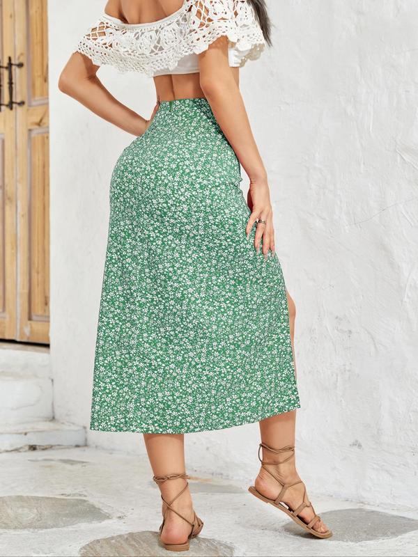 Women's Ditsy Floral Print Split Thigh A Line Vintage Skirt, Boho Casual High Waist Midi Skirt, Bohemian Bottom for Lady, Ladies Summer Clothes for Beach Holiday Vacation