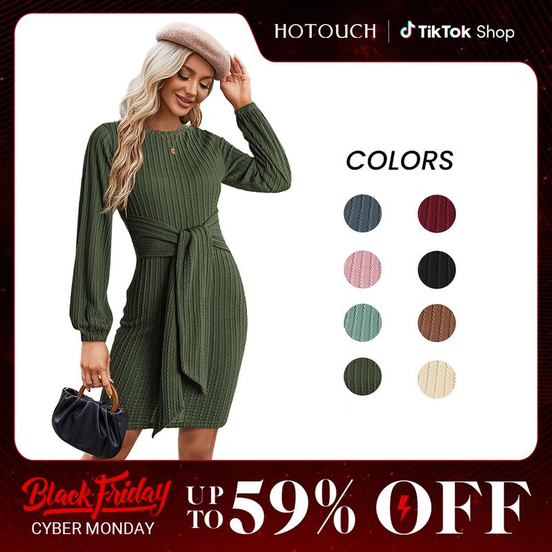 HOTOUCH Women's Casual Knit Dress Long Lantern Sleeve Bodycon Dress Fall Outfits 2024 Womenswear Elegant Fashion Loose Solid Fitted