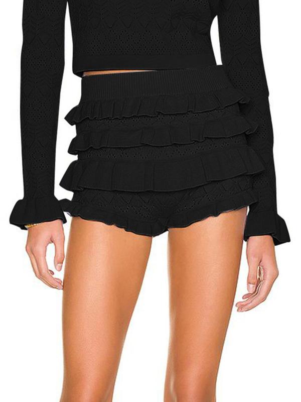 Women's Plain Hollow Out Ruffle Trim High Waist Shorts, Bloomer Shorts, Street Fashion Casual Skinny Shorts for Daily Outdoor Wear, Ladies Bottoms for Summer, Going Out Summer Bottoms, Shorts for Women, Summer Outfits 2024