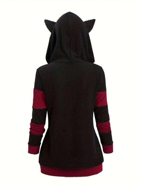 Women's Colorblock 3d Ear Design Textured Zip Up Hooded Coat, Y2k Winter Outfits 2024, Cute Long Sleeve Pocket Outerwear for Fall & Winter, Women's Clothes for Daily Wear