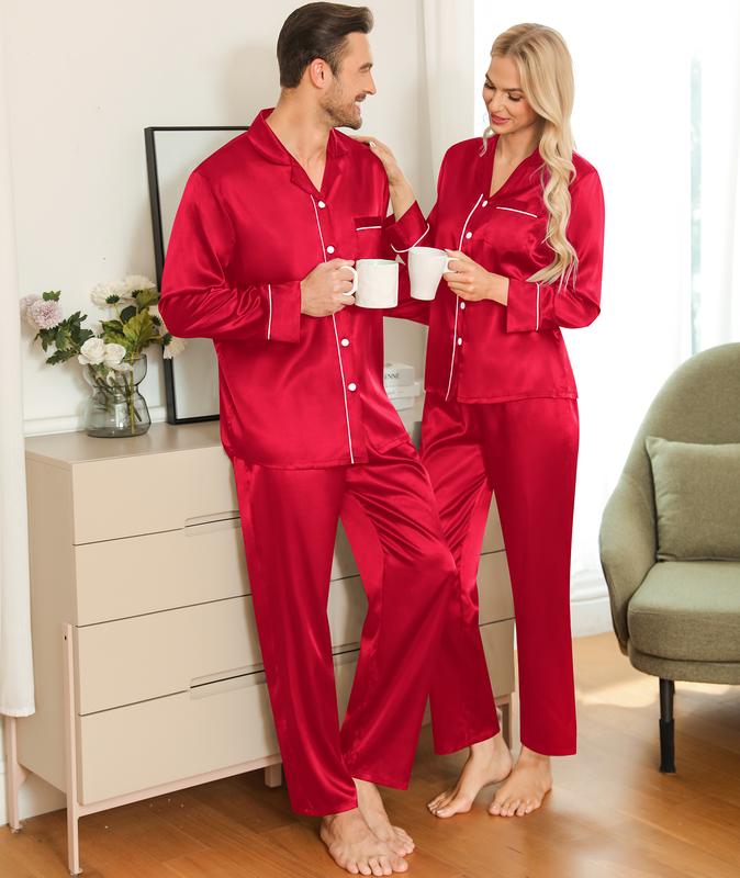 SWOMOG Matching Family Pajama Set Womens Mens Long Sleeve Sleepwear Satin Silk Loungewear for Couple Button Down Pjs Set Womenswear Clothing