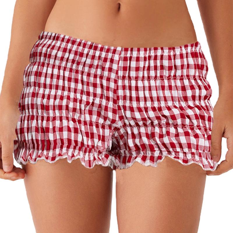 Womens Low Rise Shorts Solid Color Plaid Tiered Smocked Casual Summer Short Pants