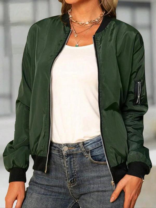 Women's Solid Color Zip Up Drawstring Pocket Drop Shoulder Bomber Jacket, Casual Long Sleeve Baseball Outerwear for Spring & Fall, Jackets for Women, Ladies Clothes for Daily Wear