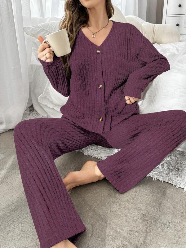 Women's Solid Drop Shoulder Pocket Top & Pants Pyjama Two-piece Set, Women Nightwear for Birthday Gifts, Casual Comfy Long Sleeve Top & Trousers Pj Set, Women's Sleepwear for Spring & Fall, Pajama Sets Women, Fall Wear, Fallfreshness