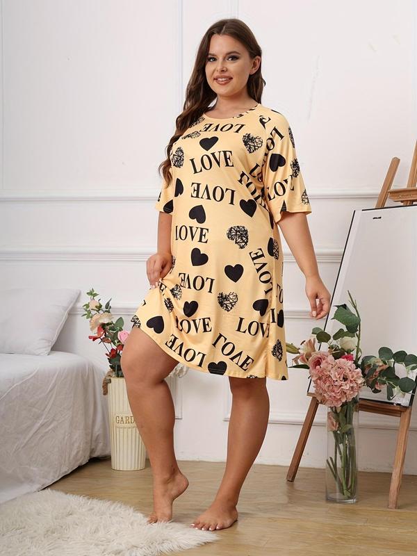 Plus Size Heart & Letter Print Short Sleeve Nightdress, Casual Round Neck Sleep Dress, Women's Sleepwear & Loungewear for Indoor Wear