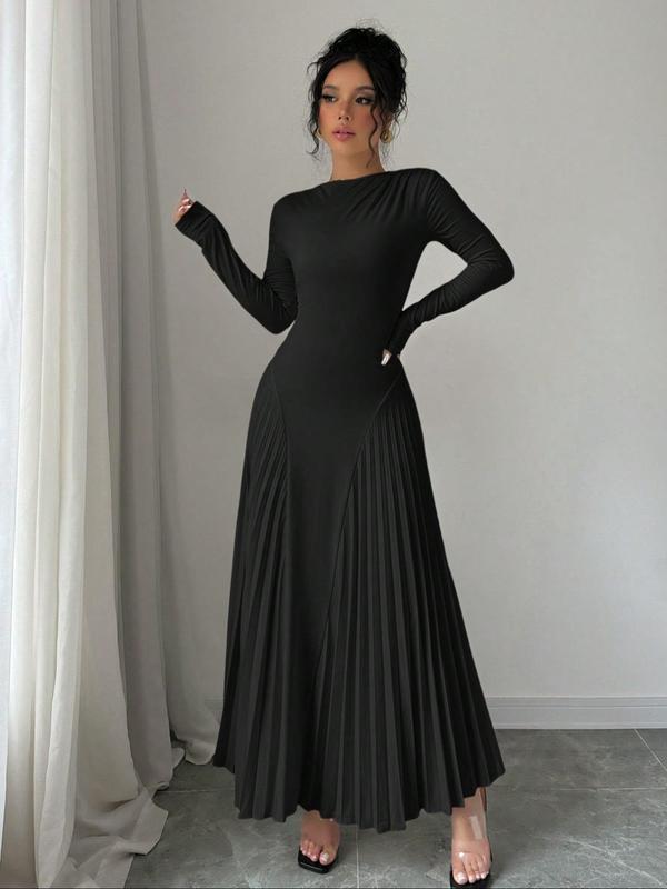 Women's Plain Pleated Long Sleeve A Line Dress, Elegant Round Neck Long Dress for Party Holiday Wedding Guest, Ladies Clothes for All Seasons