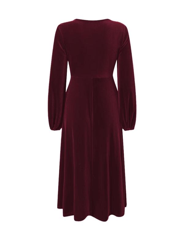  Long Sleeve Velvet Dress, Elegant Bishop Sleeve Round Neck A Line Dress for Party Holiday Wedding Guest, Women's Clothes for Fall & Winter