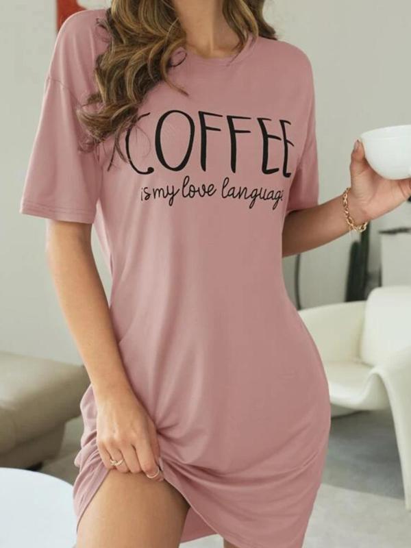 Women's Letter Print Drop Shoulder Crew Neck Nightdress PJ, Casual Soft Comfy Half Sleeve Round Neck Loungewear Dress Nighties for Summer, Women's Sleepwear for Indoor Wear, Summer Clothes Women