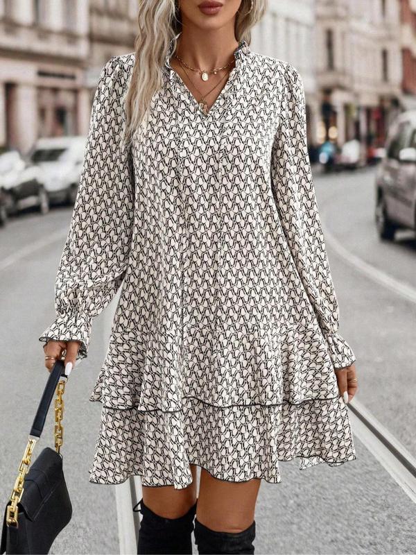 Plus Size All Over Print Frill Trim Tie Neck Ruffle Hem Dress, Plus Casual Flounce Sleeve Tiered Layer Hem Short Dress for Spring Fall, Women's Plus Long Sleeve Clothing for Daily Wear, Vintage Girly Clothes