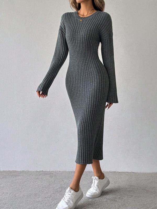 Women's Plain Drop Shoulder Bodycon Sweater Dress, Casual Long Sleeve Round Neck Midi Dress for Fall & Winter, Women's Knitwear for Daily Wear