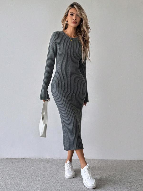 Women's Plain Drop Shoulder Bodycon Sweater Dress, Casual Long Sleeve Round Neck Midi Dress for Fall & Winter, Women's Knitwear for Daily Wear