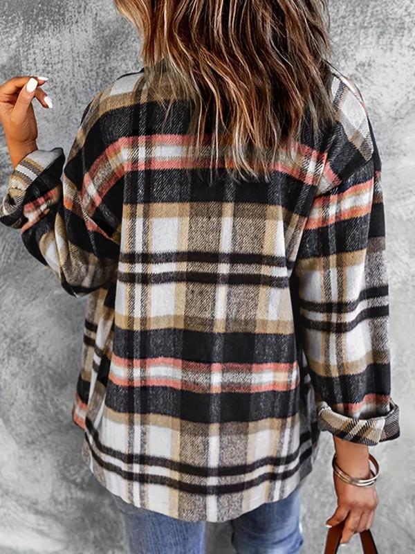 Women's Plaid Print Button Front Drop Shoulder Jacket, Casual Long Sleeve Collared Pocket Outerwear for Spring & Fall, Ladies Clothes for Daily Wear