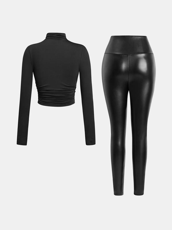 YOZY Christmas Deals, [size 8-18] Plain High Neck Ruched Tee & PU Leather Skinny Pants  Long Sleeve Top & High Waist Leggings, 2024 Women's All Seasons Outfits for Outdoor Wear, Christmas 2024 Trend, Fall & Winter Outfits