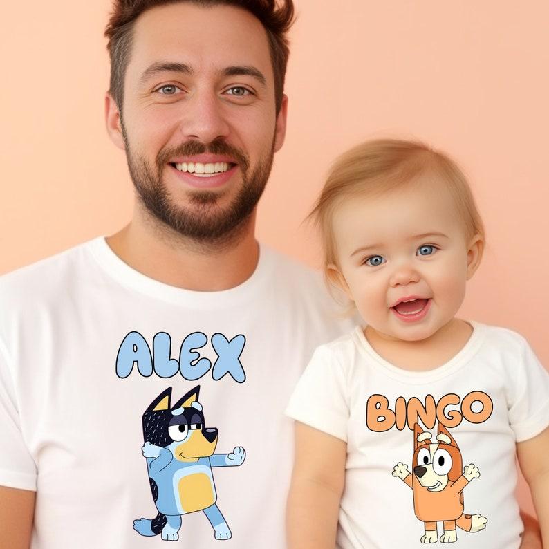 Personalized Blueey Family Matching Shirts, Custom Blueyy Birthday Party Tees, Personalized Bluey and Bingo T-shirts, Bandit Heeler Shirt, Bluey Toddler Tee, Trendy Mama Shirt, Womens Tshirt,  Gift for Cartoon Lover, Blue Family Character T-shirt