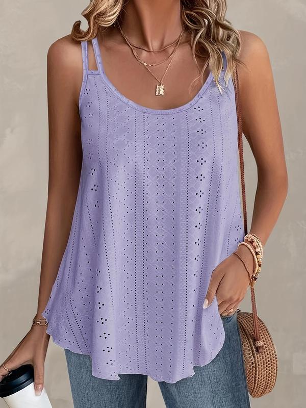  Summer Solid Eyelet Embroidery Lettuce Trim Cami Top, Back To School Outfits, Boho Scoop Neck Double Strap Design Top for Summer, Women's Plus Clothing Tank Tops, Womenswear