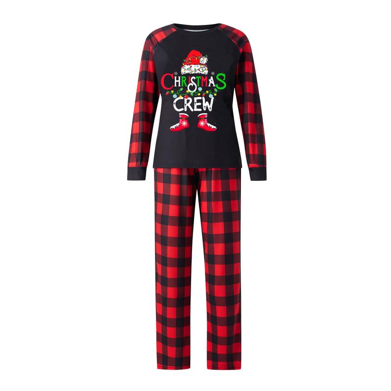 Christmas Family Pajamas Matching Set Letter Santa Hat Print Long Sleeve Tops and Plaid Pants Sleepwear