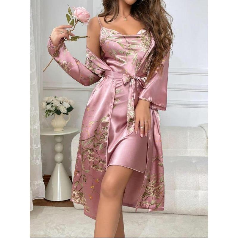 @Shopwithjulie Collection 2 Piece Set Women's Floral Print Pyjama Set, Girl Nightwear, Cowl Neck Cami Nightdress & Belted Pj Robe, Fall Wear, Women Sleepwear Loungewear Set, Lounge Set , Pajama Sets Women, Plz Order A Size Up matching comfortable