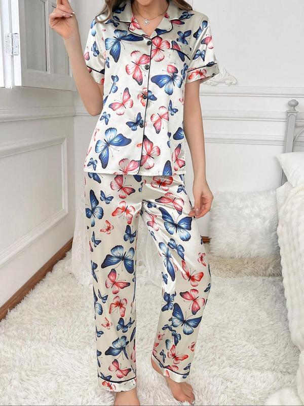 Two-Piece Set Women's Butterfly Print Notched Neck Pajama Set, Casual Comfy Short Sleeve Top & Pants PJ Set, Ladies Sleepwear for All Seasons