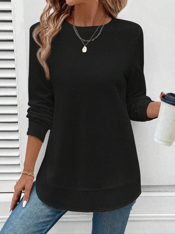 Women's Plain Waffle Knit Tee, Casual Long Sleeve Round Neck T-shirt for Daily Wear, Ladies Clothes for All Seasons