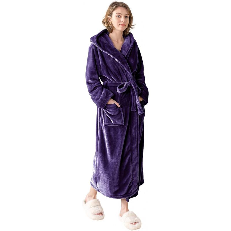 Women's Hooded Long Bathrobe, Silky Soft Lightweight Plush Fleece Robe Warm and Comfy to Wear