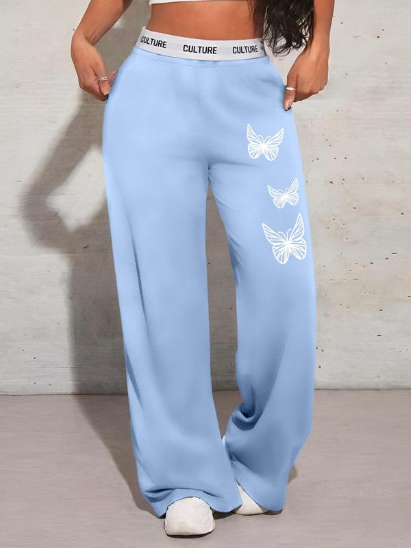 Women's Butterfly Print Letter Tape Waist Sweatpants, Y2K Casual High Rise Pocket Wide Leg Trousers for Daily Wear, Ladies Bottoms for All Seasons