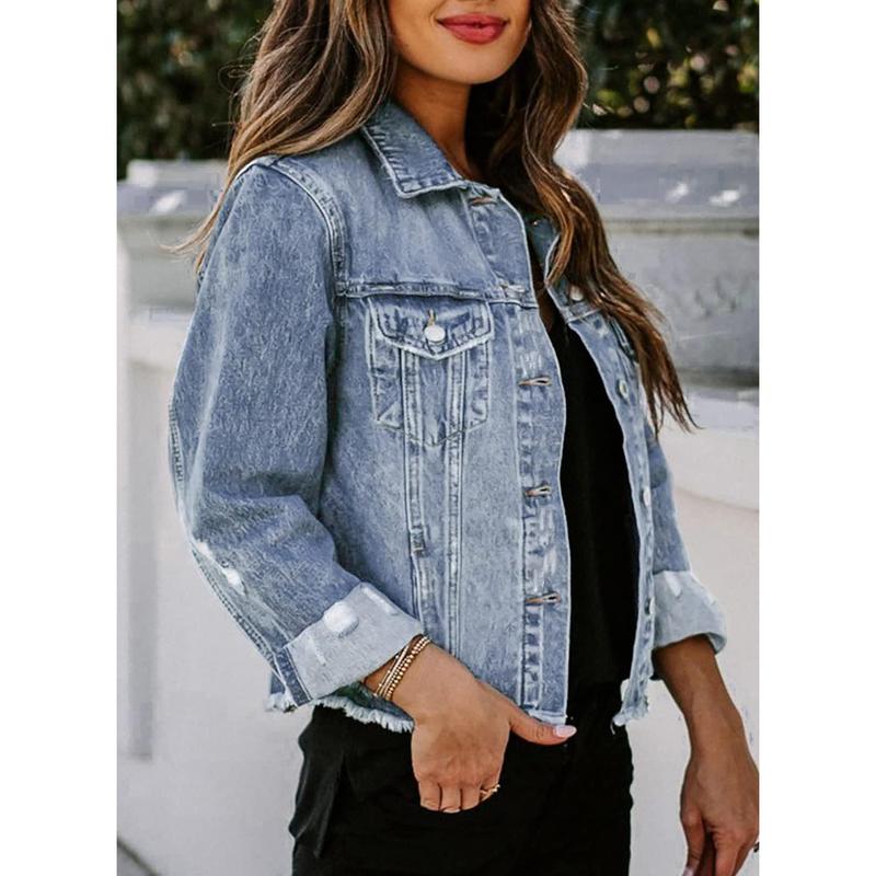 EVALESS Women's Jean Jackets Non-stretch Boyfriend Washed Distressed Ripped Fringe Denim Jean Jacket -Short Style 2024 Fashion Fall Outfits Clothing