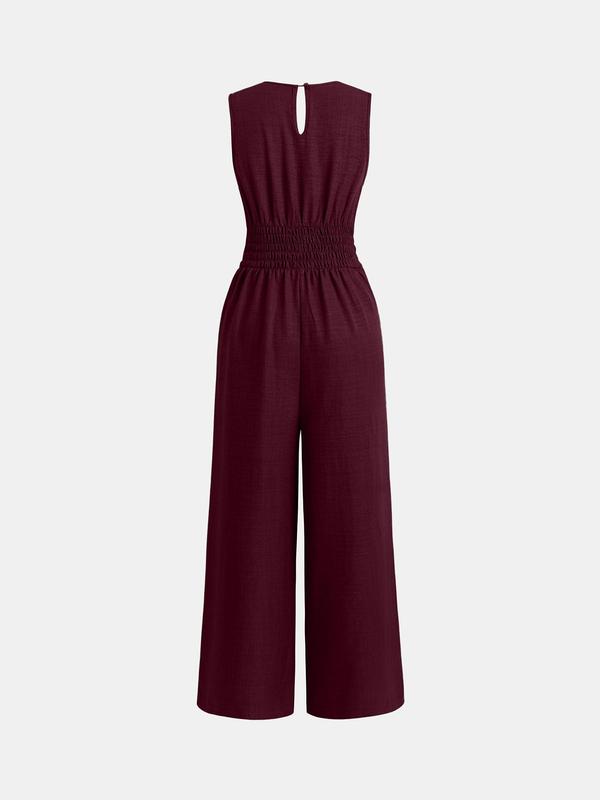 YOZY [3 colors, size 4-14] Bow Decor Wrap Jumpsuit, Elegant Plain V Neck Shirred Waist Plicated Wide Leg Jumpsuit, 2024 Women's Work Office Business Wear for Spring & Fall, [S-XXL]