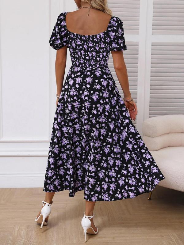 Women's Floral Print Puff Sleeve Split Thigh Tie Front A Line Vintage Dress, Boho Romantic Short Sleeve Square Neck Long Dress for Party Holiday Wedding Guest, Frenchy Style Dresses for Women, Milkmaid Dress, Summer Dresses 2024, Ladies Summer Clothes