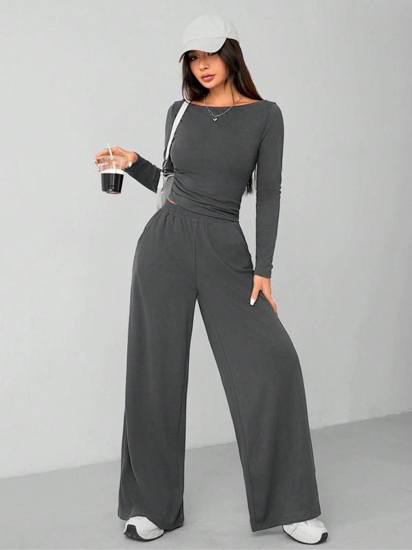 Women's Solid Ruched Tee & Wide Leg Pants Two-Piece Set, Elegant Fashion Casual Boat Neck Long Sleeve Top & Pocket Trousers for Daily Outdoor Wear, Women's Clothing for Fall & Winter