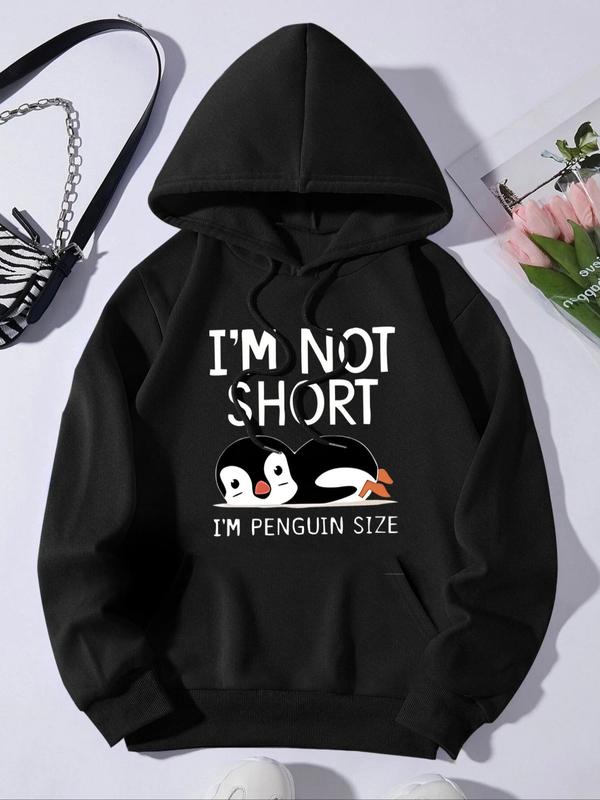 Women's Cartoon Penguin & Letter Print Drop Shoulder Hoodie, Fashion Casual Drawstring Pocket Hooded Sweatshirt for Daily Holiday Outdoor Wear, Ladies Clothes for Spring & Fall