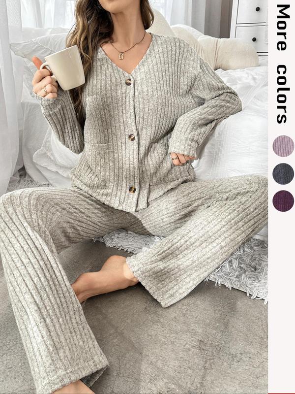 Women's Solid Drop Shoulder Pocket Top & Pants Pyjama Two-piece Set, Women Nightwear for Birthday Gifts, Casual Comfy Long Sleeve Top & Trousers Pj Set, Women's Sleepwear for Spring & Fall, Pajama Sets Women, Fall Wear, Fallfreshness