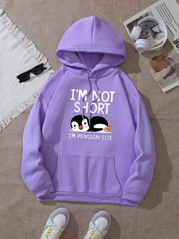 Women's Cartoon Penguin & Letter Print Drop Shoulder Hoodie, Fashion Casual Drawstring Pocket Hooded Sweatshirt for Daily Holiday Outdoor Wear, Ladies Clothes for Spring & Fall