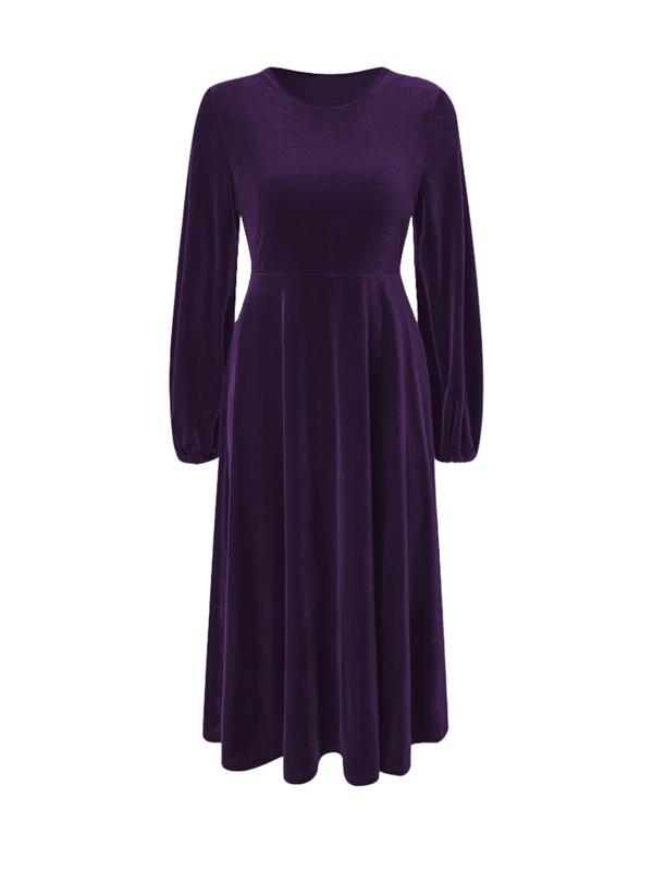  Long Sleeve Velvet Dress, Elegant Bishop Sleeve Round Neck A Line Dress for Party Holiday Wedding Guest, Women's Clothes for Fall & Winter