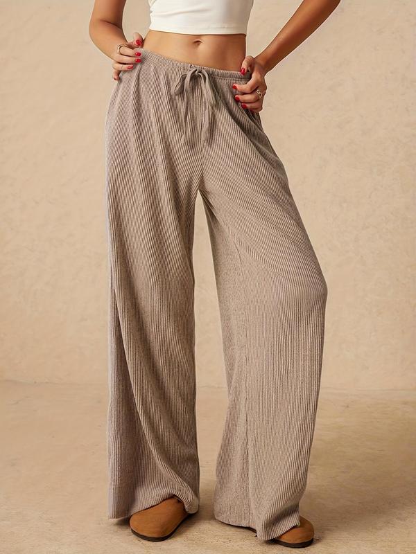 Women's Solid Drawstring Waist Wide Leg Pants, Casual Pocket Trousers for Fall & Winter, Women's Bottoms for Daily Wear