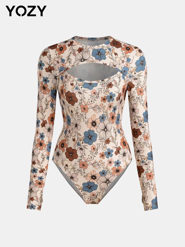 YOZY Women's Floral Print Cut Out Round Neck Bodysuit, Casual Long Sleeve Snap Closure Crotch Bodysuit for Daily Wear, Ladies Clothes for All Seasons