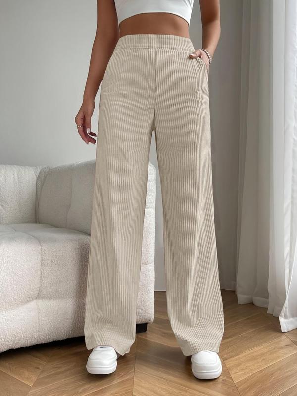 Women's Plain Pocket High Waist Pants, Casual Corduroy Wide Leg Trousers for Women, Ladies Bottoms for Daily Wear