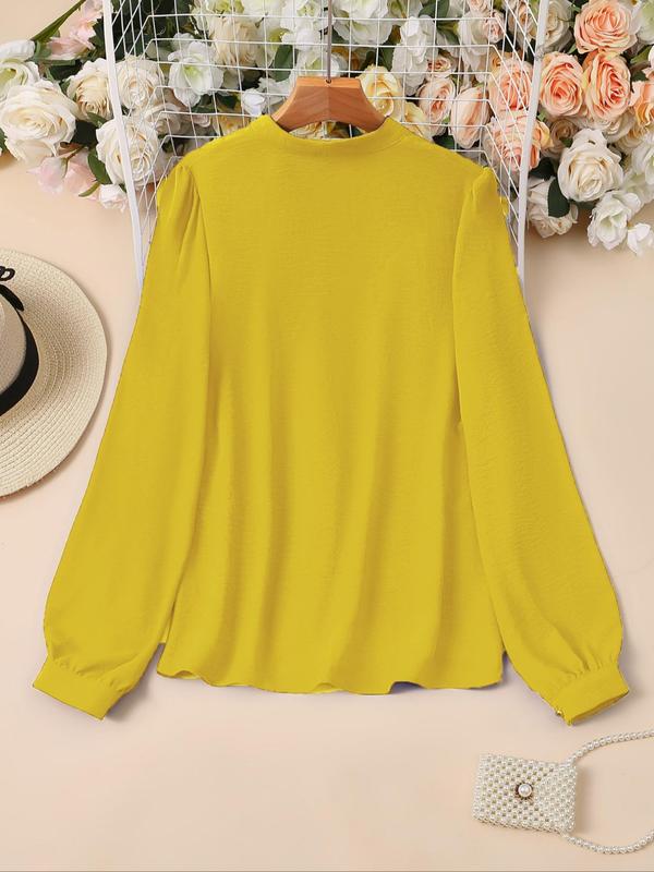 Women's Plain Notched Neck Bishop Sleeve Blouse, Casual Flap Detail Long Sleeve Top for Daily Wear, Ladies Clothes for All Seasons