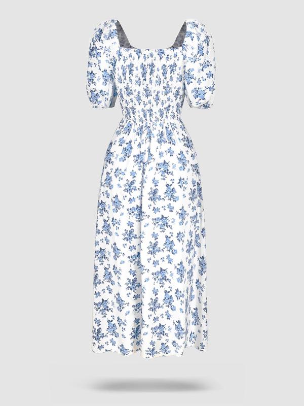 Women's Floral Print Puff Sleeve Split Thigh Tie Front A Line Vintage Dress, Boho Romantic Short Sleeve Square Neck Long Dress for Party Holiday Wedding Guest, Frenchy Style Dresses for Women, Milkmaid Dress, Summer Dresses 2024, Ladies Summer Clothes