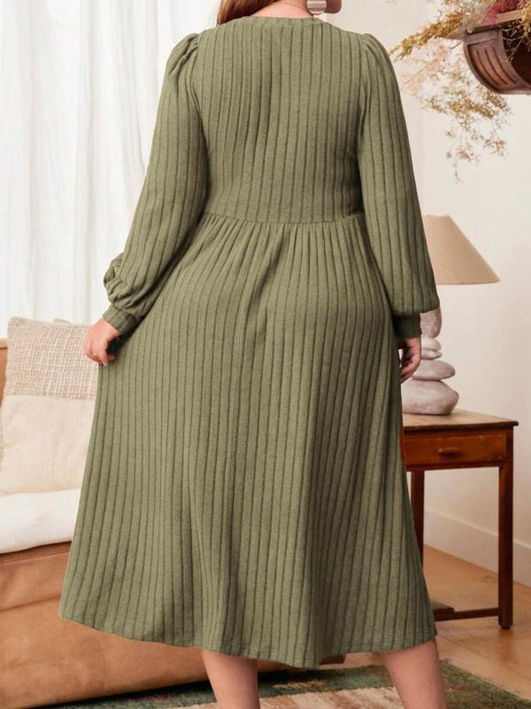 Plus Size Solid Color Bishop Sleeve A Line Dresses for Women, Elegant Long Sleeve Round Neck Ribbed Dress for Fall & Winter,  Women's Clothing, Birthday Dress for Women, Women's Clothes for Daily Vacation Party