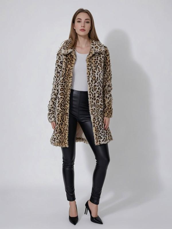 Women's Leopard Print Long Sleeve Faux Fur Coat, 1 Count Casual Open Front Outerwear for Fall & Winter, Winter Clothes Women,  Women's Clothing for Daily Wear